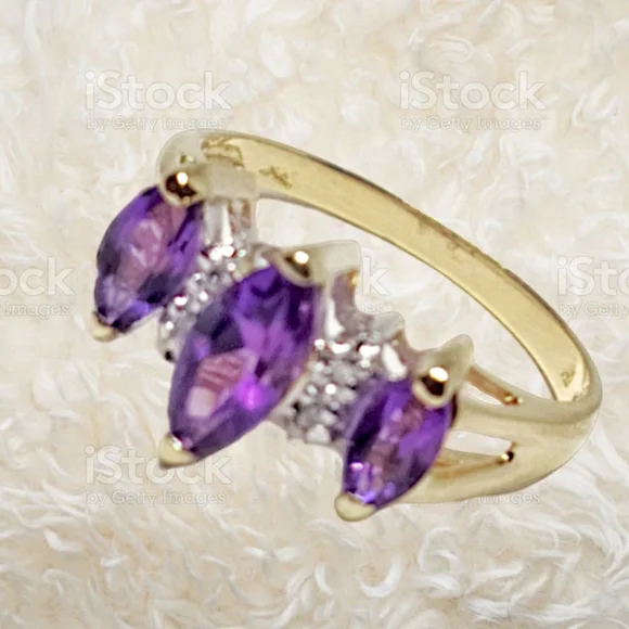 Solid 14k Gold Ring with Marquis Cut Amethyst Gemstones and Round Cut Diamonds - Picture 7 of 7